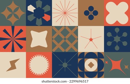 Abstract geometric pattern with silhouette basic figures, aesthetics of brutalism design, pastel colored artwork composition minimalistic vector seamless mosaic banner