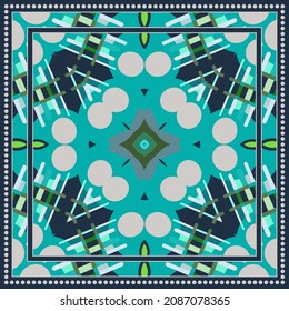Abstract geometric pattern for silk scarf, hijab, shawl design. Ethnic motif for textile fabric print. Geometrical ornament with shapes and lines elements, colorful background