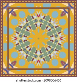 Abstract geometric pattern for silk scarf, hijab, shawl design. Ethnic motif for textile fabric print. Geometrical ornament with shapes and lines elements, colorful background