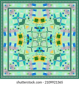 Abstract geometric pattern for silk scarf, hijab, shawl design. Ethnic motif for textile fabric print. Geometrical ornament with shapes and lines elements, colorful background