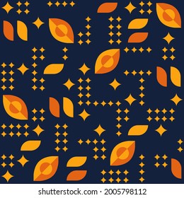 Abstract geometric pattern with simple shapes, stars, ovals of different size. Yellow, orange figure on dark blue background. Vector