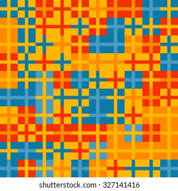 Abstract geometric pattern with small colorful crosses in squares. Random colored swatches. Seamless vector background. Five colors only  - easy to recolor..