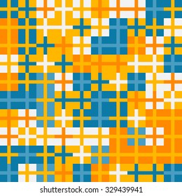 Abstract geometric pattern with small colorful crosses in squares. Random colored swatches. Seamless vector background. Five colors only  - easy to recolor..