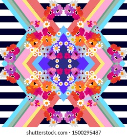 Abstract geometric pattern with small flowers. Colorful wildflowers and stripes on light background.  Summer textile collection.