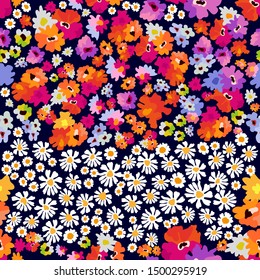 Abstract geometric pattern with small flowers. Colorful poppies and daisies dark background.  Summer textile collection.