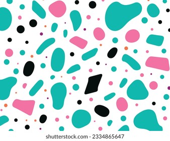 abstract geometric pattern of small and and green shapes on a white background, in the style of simplistic characters, memphis design, geometric shapes patterns, light teal and magenta