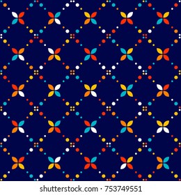 Abstract geometric pattern, small spots and dots. Colorful particles on dark background. Seamless vector pattern. Abstract background .