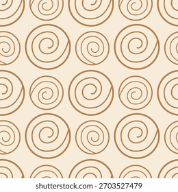 Abstract geometric pattern with spiral circles in Scandinavian style, seamless. Golden shapes on beige background, textile.