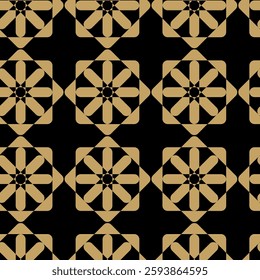 Abstract geometric pattern with square, lines and stripes on black background. A seamless vector background. Graphic modern pattern. Black and gold pattern.