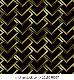 Abstract geometric pattern with Square. Seamless vector background. Black and gold ornament. Scales or shells criss cross lace ornament. Minimalist geometric design. Luxury vintage illustration.