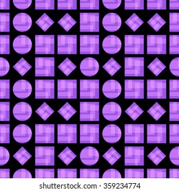 Abstract geometric pattern with squares and circles on black background. Vector illustration.