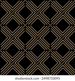 Abstract geometric pattern with squares, crosses, stripes, lines. Seamless vector background. Black and gold ornament. Modern reticulated graphic design.