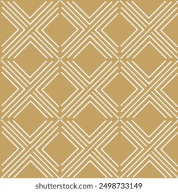 Abstract geometric pattern with squares, crosses, stripes, lines. Seamless vector background. White and gold ornament. Modern reticulated graphic design.