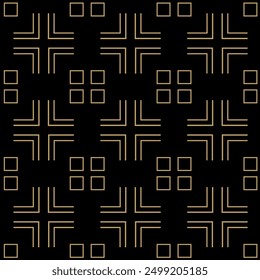 Abstract geometric pattern with squares, crosses, stripes, lines. Seamless vector background. Black and gold ornament. Modern reticulated graphic design.