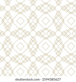 Abstract geometric pattern with squares, crosses, stripes, lines. Seamless vector background. White and gold ornament. Modern reticulated graphic design.