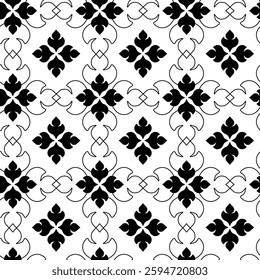 Abstract geometric pattern with squares, crosses, stripes, lines. Seamless vector background. White and black ornament. Modern reticulated graphic design.