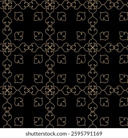 Abstract geometric pattern with squares, crosses, stripes, lines. Seamless vector background. Black and gold ornament. Modern reticulated graphic design.