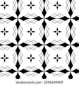 Abstract geometric pattern with squares, crosses, stripes, lines. Seamless vector background. White and black ornament. Modern reticulated graphic design.