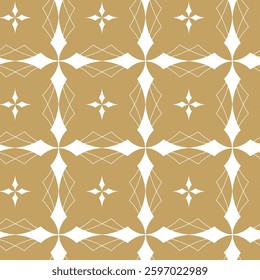 Abstract geometric pattern with squares, crosses, stripes, lines. Seamless vector background. White and gold ornament. Modern reticulated graphic design.