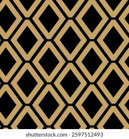 Abstract geometric pattern with squares, crosses, stripes, lines. Seamless vector background. Black and gold ornament. Modern reticulated graphic design.