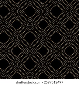 Abstract geometric pattern with squares, crosses, stripes, lines. Seamless vector background. Black and gold ornament. Modern reticulated graphic design.