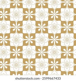 Abstract geometric pattern with squares, crosses, stripes, lines. Seamless vector background. White and gold ornament. Modern reticulated graphic design.