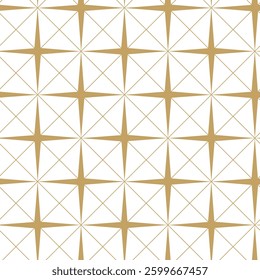 Abstract geometric pattern with squares, crosses, stripes, lines. Seamless vector background. White and gold ornament. Modern reticulated graphic design.
