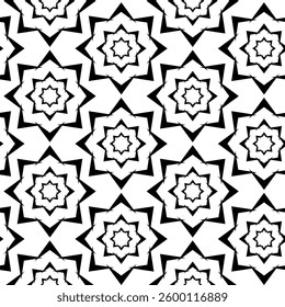 Abstract geometric pattern with squares, crosses, stripes, lines. Seamless vector background. White and black ornament. Modern reticulated graphic design.