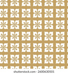 Abstract geometric pattern with squares, crosses, stripes, lines. Seamless vector background. White and gold ornament. Modern reticulated graphic design.