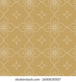 Abstract geometric pattern with squares, crosses, stripes, lines. Seamless vector background. White and gold ornament. Modern reticulated graphic design.