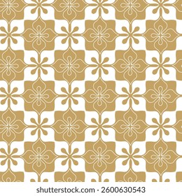 Abstract geometric pattern with squares, crosses, stripes, lines. Seamless vector background. White and gold ornament. Modern reticulated graphic design.