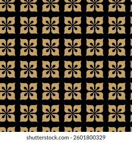 Abstract geometric pattern with squares, crosses, stripes, lines. Seamless vector background. Black and gold ornament. Modern reticulated graphic design.