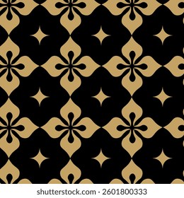 Abstract geometric pattern with squares, crosses, stripes, lines. Seamless vector background. Black and gold ornament. Modern reticulated graphic design.