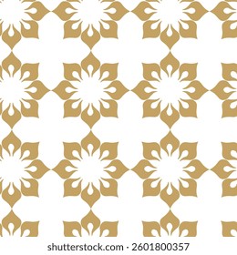 Abstract geometric pattern with squares, crosses, stripes, lines. Seamless vector background. White and gold ornament. Modern reticulated graphic design.