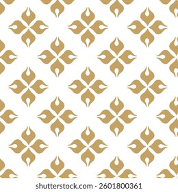 Abstract geometric pattern with squares, crosses, stripes, lines. Seamless vector background. White and gold ornament. Modern reticulated graphic design.