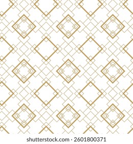 Abstract geometric pattern with squares, crosses, stripes, lines. Seamless vector background. White and gold ornament. Modern reticulated graphic design.