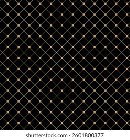 Abstract geometric pattern with squares, crosses, stripes, lines. Seamless vector background. Black and gold ornament. Modern reticulated graphic design.