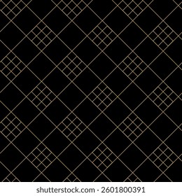 Abstract geometric pattern with squares, crosses, stripes, lines. Seamless vector background. Black and gold ornament. Modern reticulated graphic design.