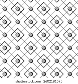 Abstract geometric pattern with squares, crosses, stripes, lines. Seamless vector background. White and black ornament. Modern reticulated graphic design.