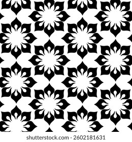Abstract geometric pattern with squares, crosses, stripes, lines. Seamless vector background. White and black ornament. Modern reticulated graphic design.