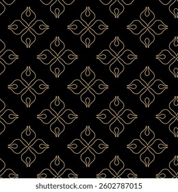 Abstract geometric pattern with squares, crosses, stripes, lines. Seamless vector background. Black and gold ornament. Modern reticulated graphic design.