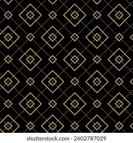 Abstract geometric pattern with squares, crosses, stripes, lines. Seamless vector background. Black and gold ornament. Modern reticulated graphic design.