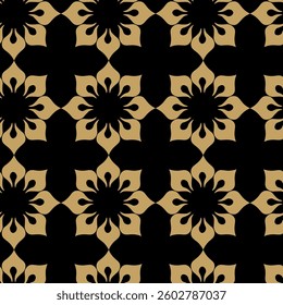 Abstract geometric pattern with squares, crosses, stripes, lines. Seamless vector background. Black and gold ornament. Modern reticulated graphic design.