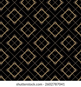 Abstract geometric pattern with squares, crosses, stripes, lines. Seamless vector background. Black and gold ornament. Modern reticulated graphic design.