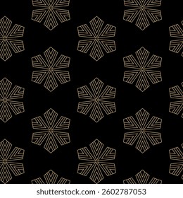 Abstract geometric pattern with squares, crosses, stripes, lines. Seamless vector background. Black and gold ornament. Modern reticulated graphic design.