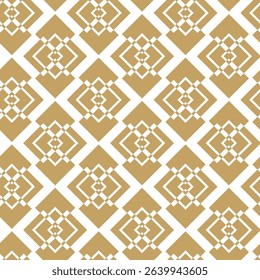 Abstract geometric pattern with squares, crosses, stripes, lines. Seamless vector background. White and gold ornament. Modern reticulated graphic design.