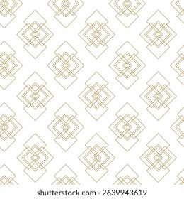 Abstract geometric pattern with squares, crosses, stripes, lines. Seamless vector background. White and gold ornament. Modern reticulated graphic design.