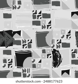 Abstract geometric pattern with squares and sharp angles in grayscale tones, showing artistic design composition. Monochrome hand drawn background