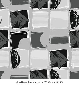 Abstract geometric pattern with squares and sharp angles in grayscale tones, showing artistic design composition. Monochrome hand drawn background
