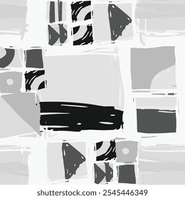 Abstract geometric pattern with squares and sharp angles in grayscale tones, showing artistic design composition. Monochrome hand drawn background